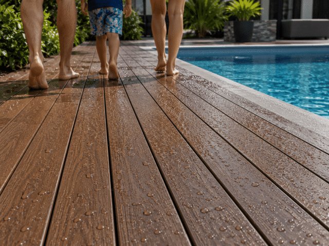 Close-up of composite decking around a swimming pool showing water resistance and slip-resistant texture