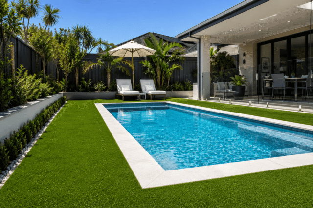 Clean swimming pool surrounded by artificial grass