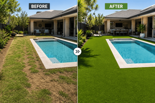 Before and after swimming pool landscaping with artificial grass in Perth