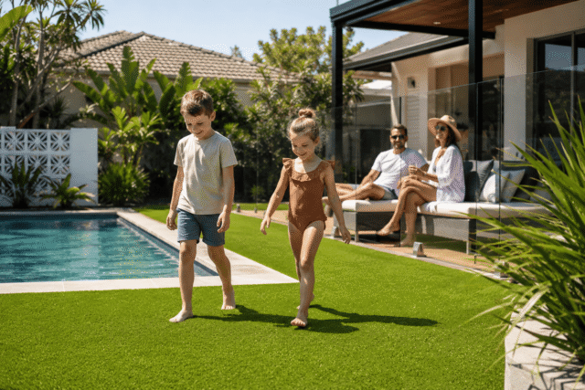 Family enjoying artificial grass around swimming pool